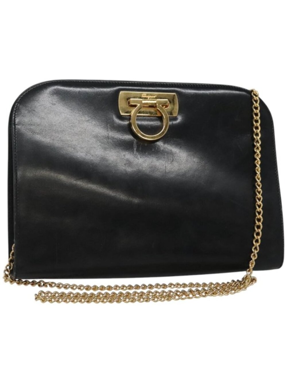 Salvatore Ferragamo Gancini Chain Shoulder Bag Leather Black Gold